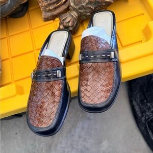 Unisa Brown and Black Woven Leather Mule Loafers